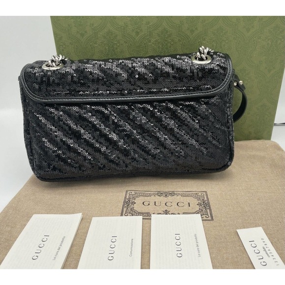 NEW GUCCI MARMONT SEQUIN LEATHER BLACK CROSSBODY SHOULDER BAG PURSE AUTH BOX! - Picture 3 of 16